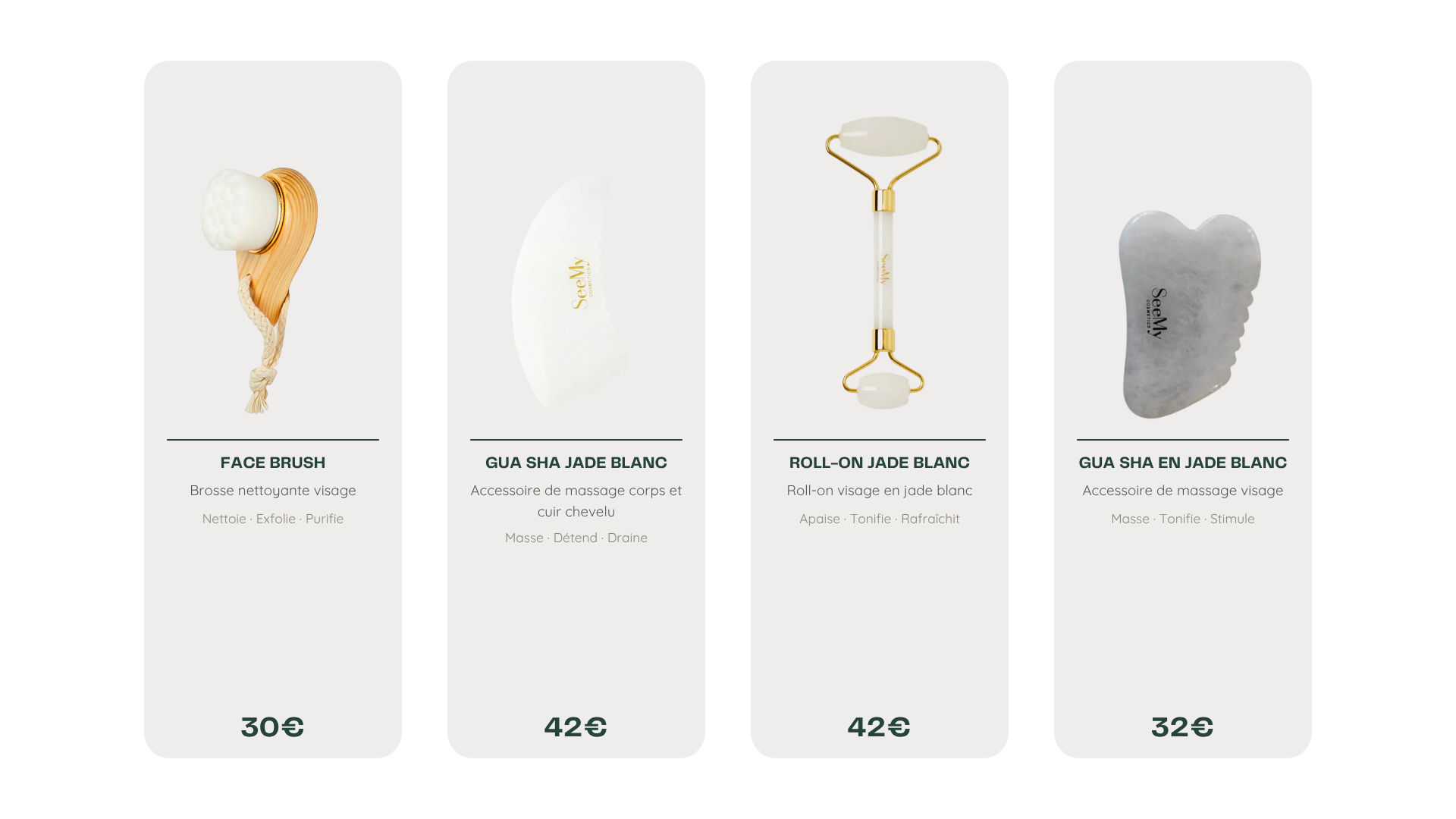 Sélection d'accessoires beauté See My Cosmetics disponibles au cabinet de Lohanne Charvet : Face Brush, roll-on et gua sha en jade blanc.