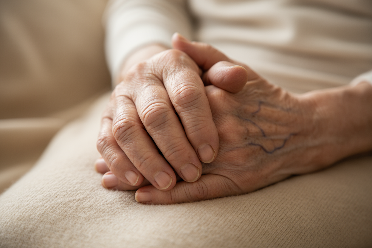 Mains d’une personne âgée représentant l’accompagnement ostéopathique des seniors pour la mobilité et le confort articulaire.