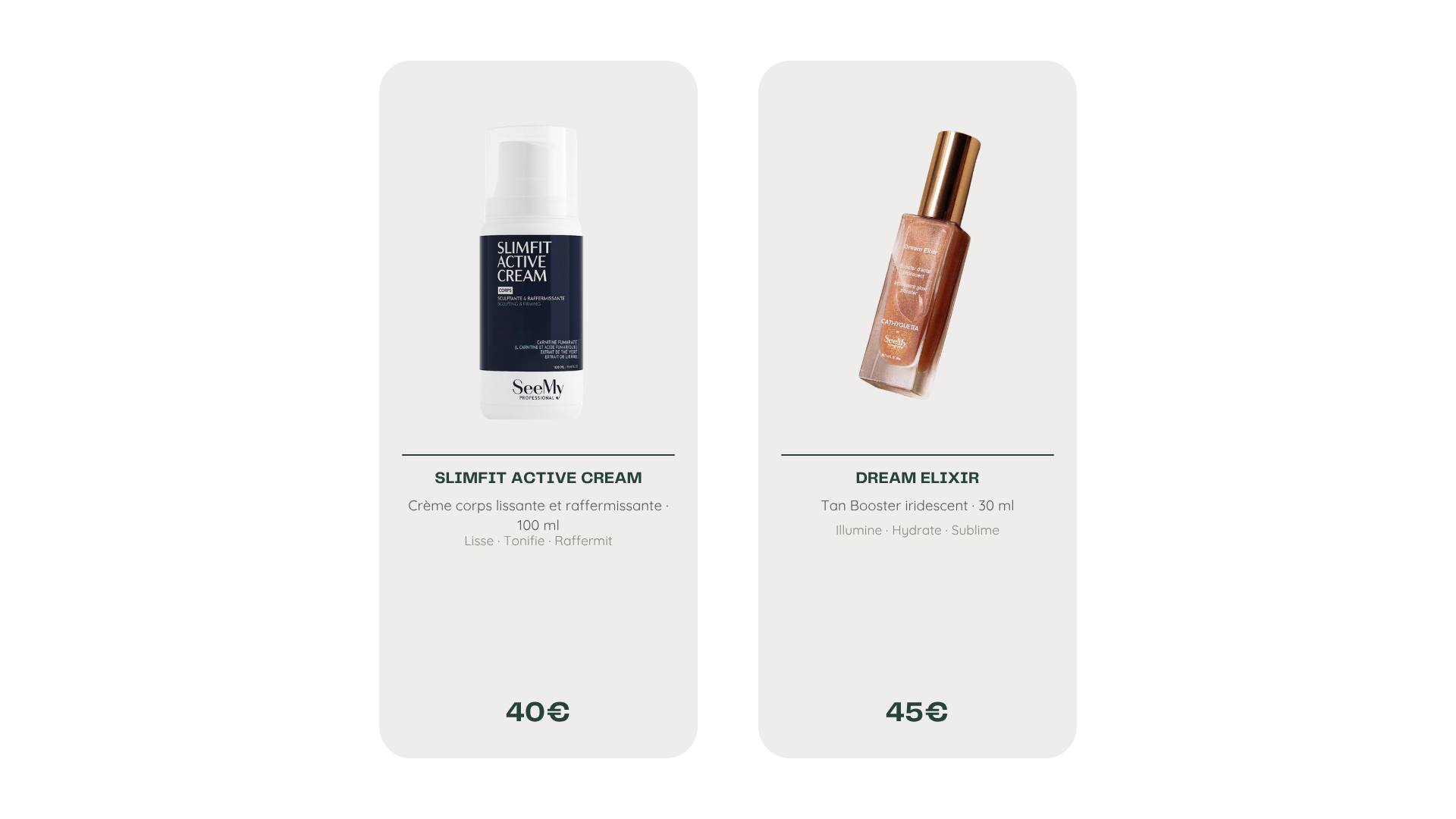 Sélection de soins corps See My Cosmetics disponibles au cabinet de Lohanne Charvet, avec la Slimfit Active Cream et le Dream Elixir.