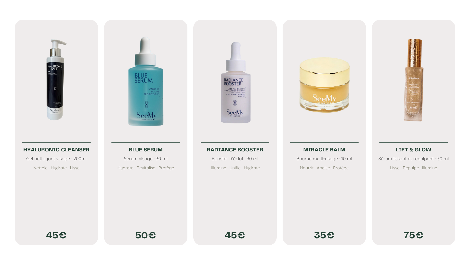 Sélection de soins visage See My Cosmetics disponibles au cabinet de Lohanne Charvet : nettoyant, sérums et baume multi-usage.